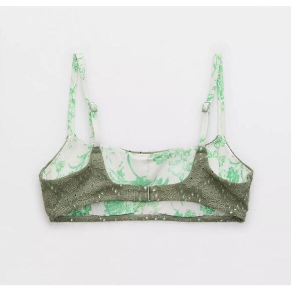 Aerie Eyelet Straight Scoop Bikini Top Olive Fun Swimsuit Beachy Swimming Sz M - Picture 2 of 5